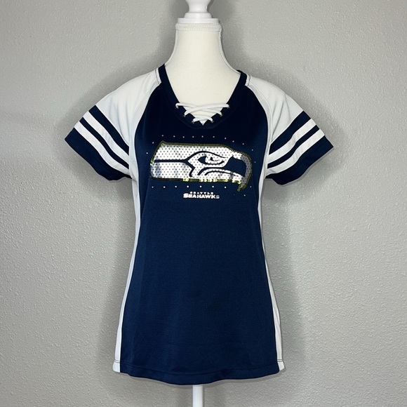 Seattle Seahawks Majestic Women's Lace Up Jersey W/ Sequins & Crystals - Picture 7 of 7